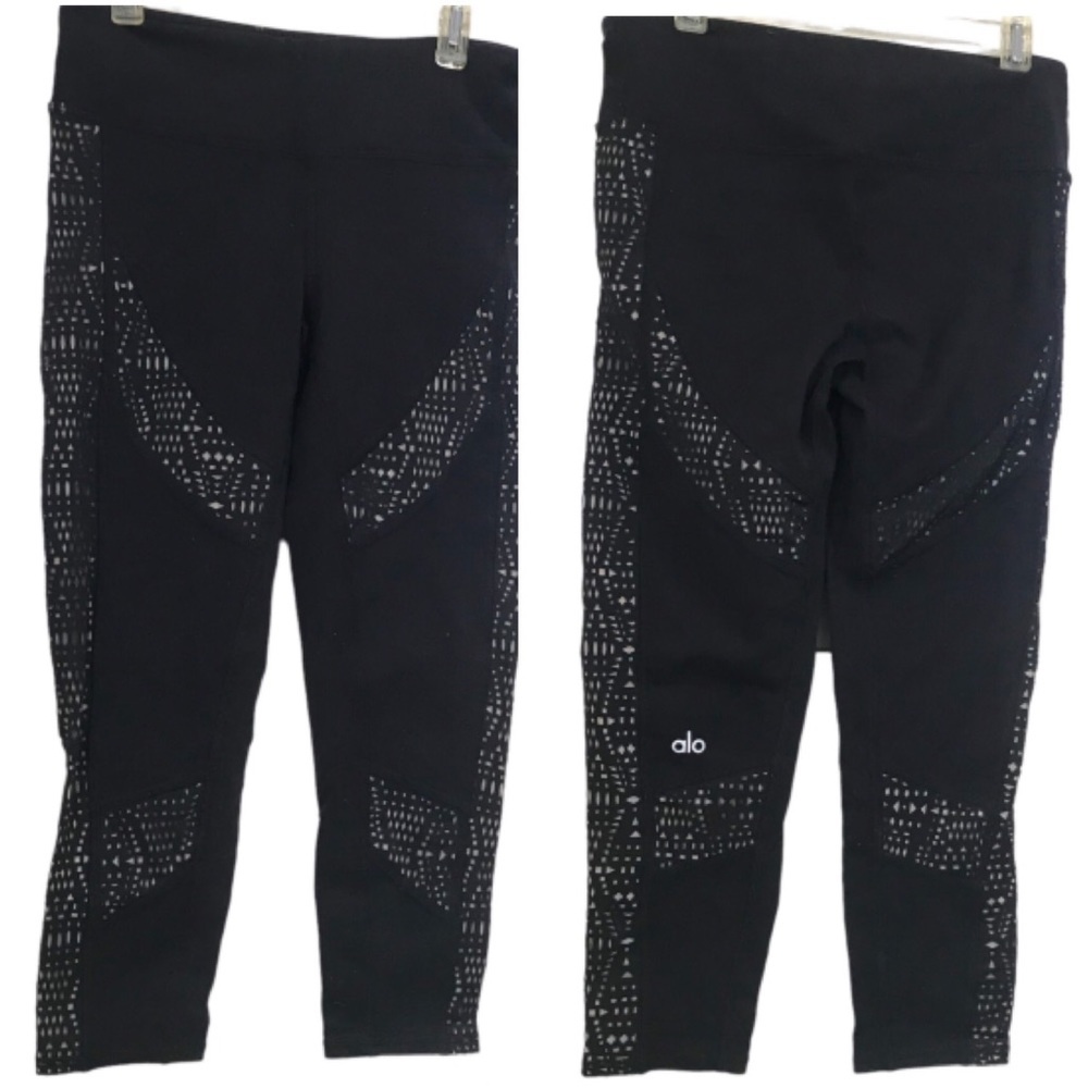 Alo Yoga Laser Cut Crop Leggings Logo Wide Band Stretch Colour Block Neutral XS
